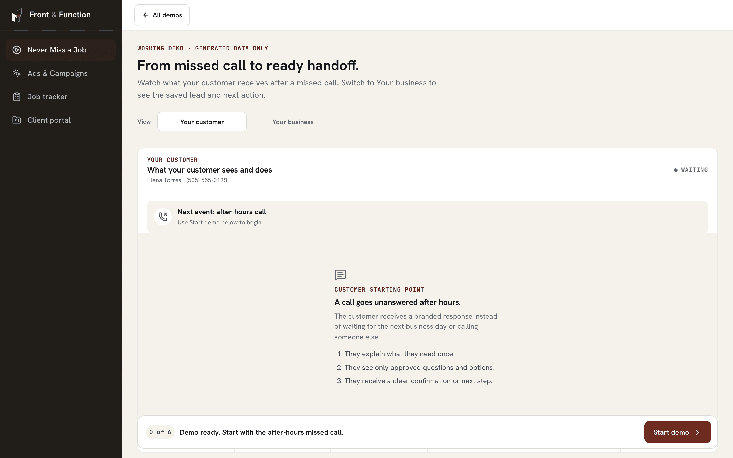 Front and Function Follow-up working demo showing a missed-call response and team handoff workflow