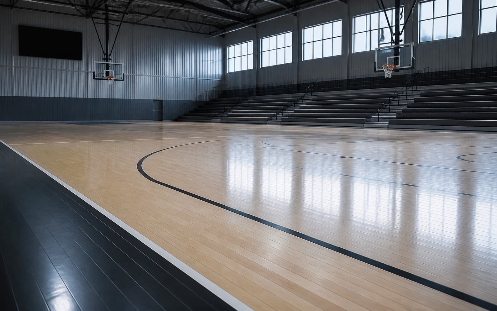 Empty indoor basketball court prepared for tournament play